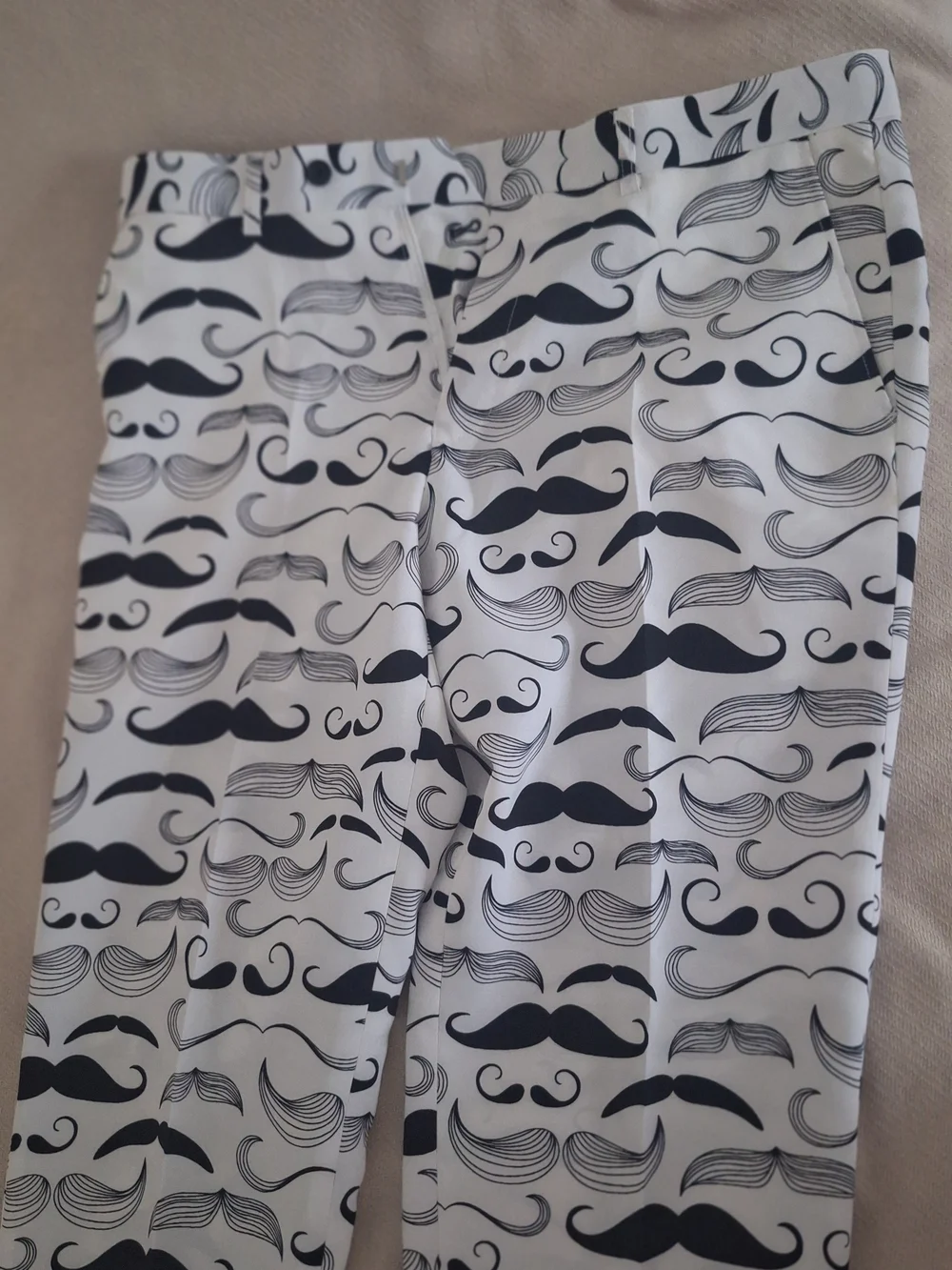 Men's White MentalSuits Suit with Black Mustache Print, Tie Included, Size